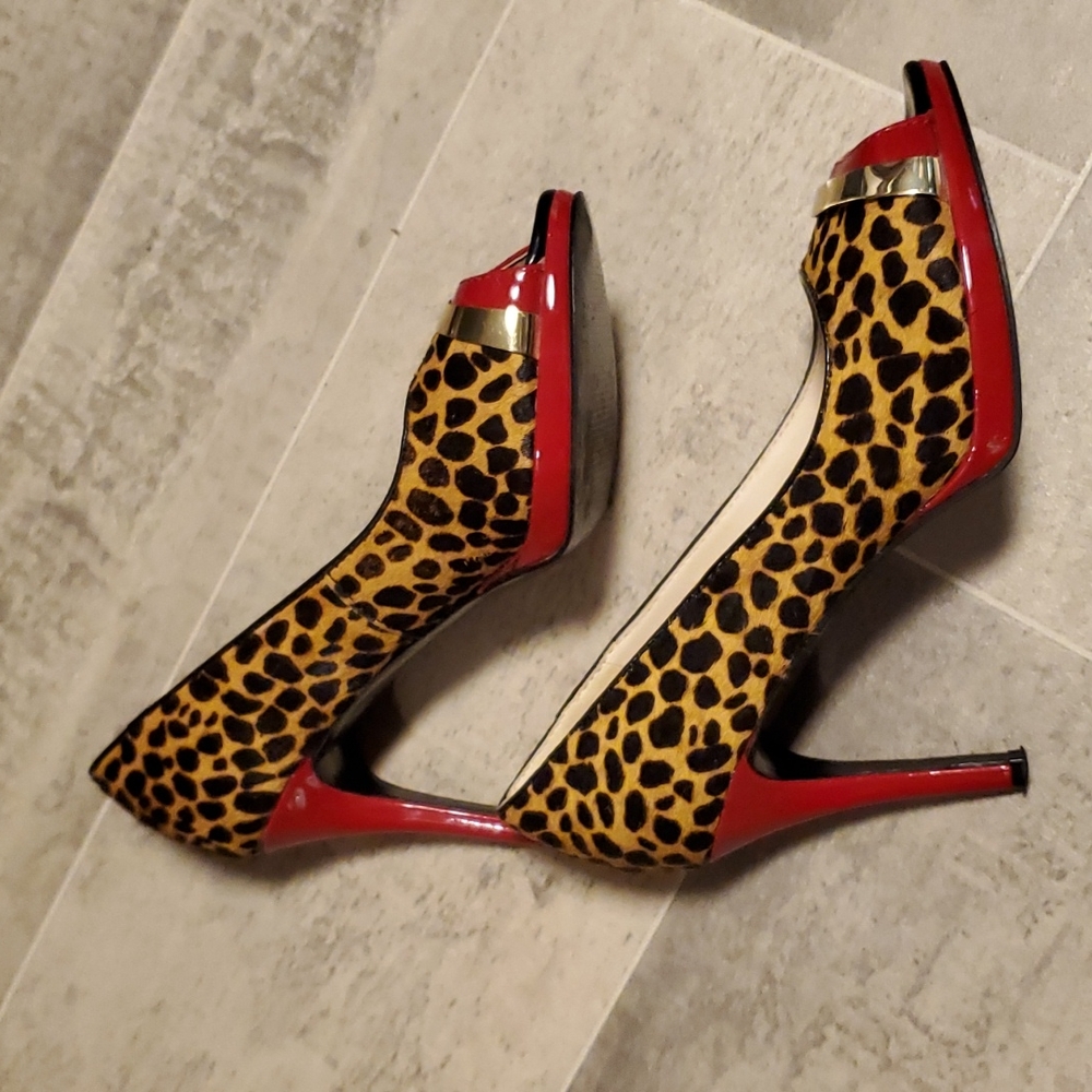 Nine West Glamgirl Calf Hair & Red Patent Leather Peeptoe Heels - Picture 3 of 8